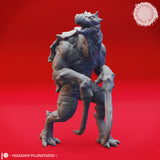 Close-up digital render of a single Hook Horror miniature by Yasashii Kyojin Studio — unpainted grey sculpt showing the creature rearing upright with jaws open wide, one massive bone hook arm extended and the other tucked, with a heavily spiked carapace across its back and clawed feet on the ground