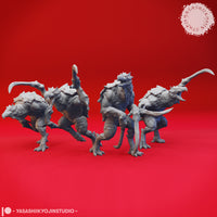 Digital render of all four Hook Horror miniature poses by Yasashii Kyojin Studio — unpainted grey resin-style sculpts showing bipedal armoured creatures with large scythe-like bone hooks, spiked dorsal shells, and reptilian beaked heads, arranged in a group against a red background