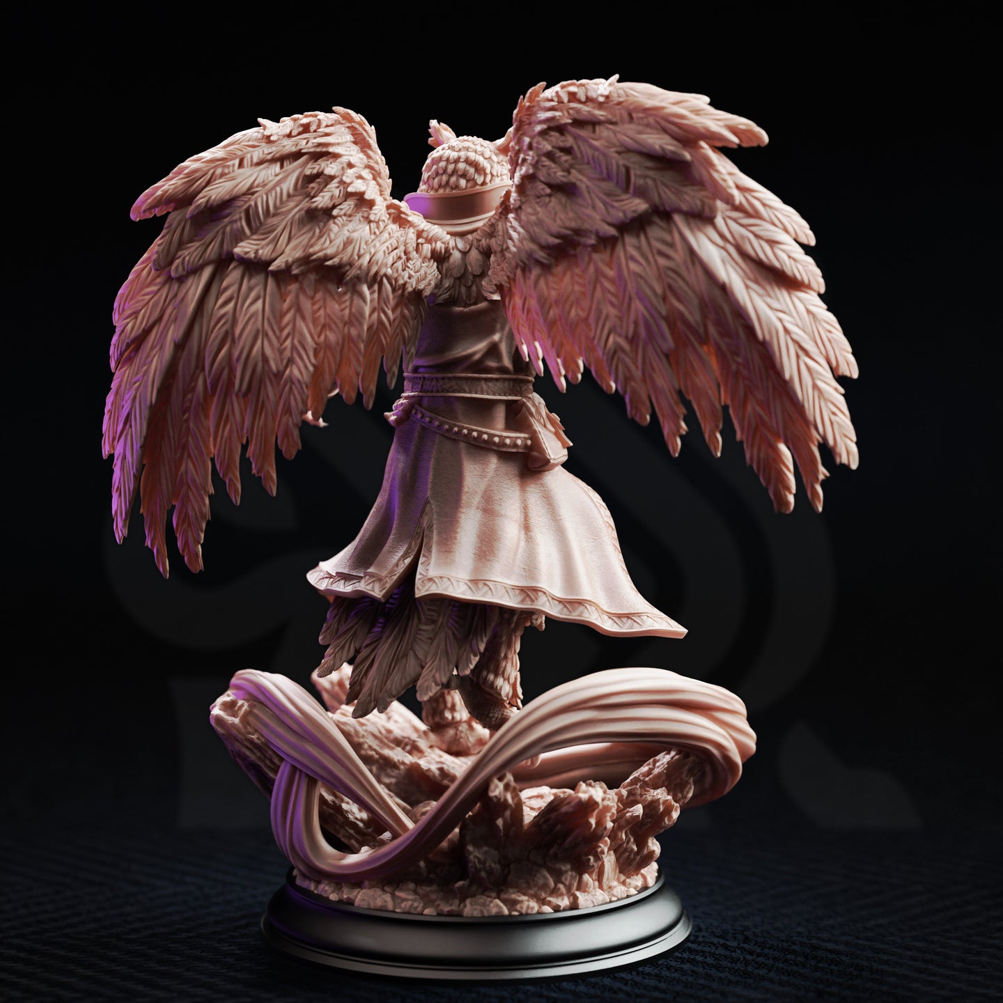 Rear view digital render of Hoover Brightfeather Owlfolk wizard miniature by DM Stash — showing the full dramatic wingspan with individually sculpted feathers, belted robe with embroidered hem, and swirling magical base, unpainted in pink-beige resin