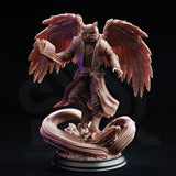 Front three-quarter view digital render of Hoover Brightfeather Owlfolk evocation student miniature by DM Stash — owl head with ear tufts and flat facial disc, open spellbook clutched in one hand, taloned feet gripping rocky arcane base, long robe with detailed embroidery, wings spread in dynamic pose