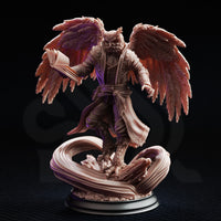 Front three-quarter view digital render of Hoover Brightfeather Owlfolk evocation student miniature by DM Stash — owl head with ear tufts and flat facial disc, open spellbook clutched in one hand, taloned feet gripping rocky arcane base, long robe with detailed embroidery, wings spread in dynamic pose
