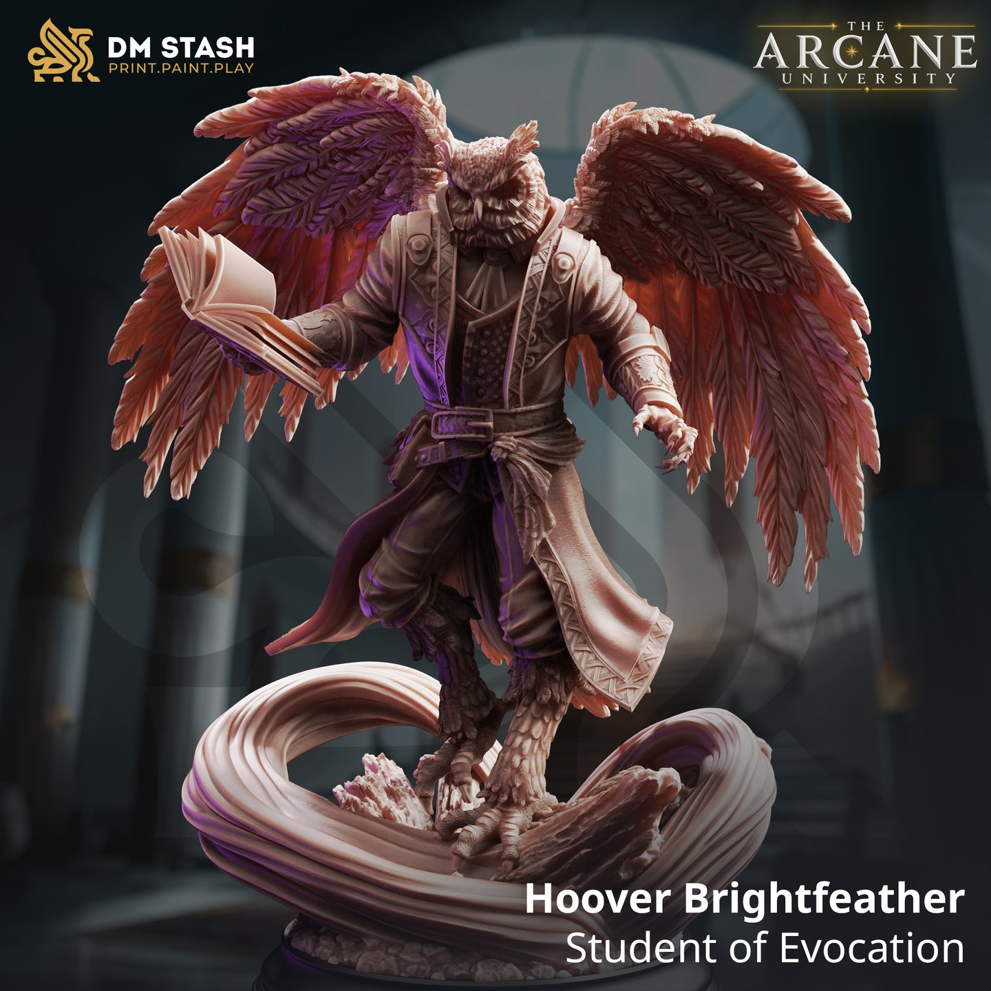 Digital render of Hoover Brightfeather, an Owlfolk Student of Evocation miniature by DM Stash — wings spread wide, open spellbook in one hand, standing on a swirling arcane energy base in a long decorated robe with ornate chest detailing, shown in warm pink-beige resin tones with purple lighting