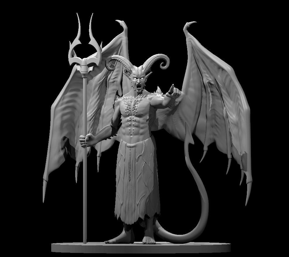 Unpainted grey resin 3D printed miniature of a Horned Devil — a winged, horned fiend with a muscular bare torso, ragged robes, curved ram horns, large bat wings spread wide, a sinuous tail, and a tall trident-topped ceremonial staff, mouth open in a roar, one hand raised in command, mounted on a round base