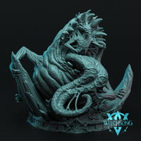 A coiled draconic aberration with vast veined wings, crowned with swept-back horns and bony spurs, its thick tentacle-threaded tail looping beneath its body on a rune-carved decorative base. Sculpt by Witchsong Miniatures.