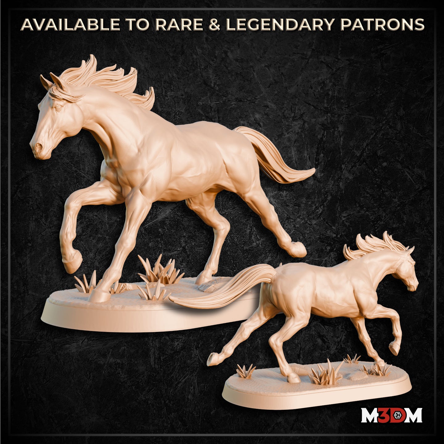 Digital render of two unpainted horse miniatures by Mia Kay M3DM — a larger display-scale version and a smaller 32mm version — both in a galloping action pose with mane and tail flowing, mounted on oval scenic bases with grass detail