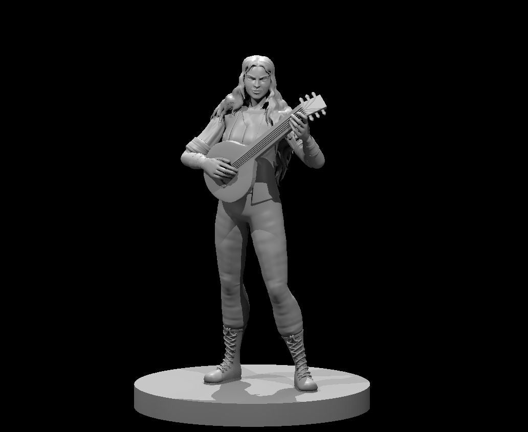 Grey resin render of a human female bard miniature at 32mm scale, standing confidently and strumming a lute with both hands, wearing travelling clothes and laced boots, with long flowing hair, mounted on a round base