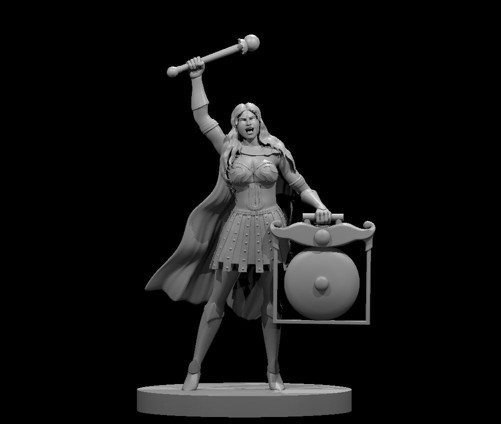 Unpainted grey resin render of a human female bard miniature at 32mm scale, posed mid-stride with a mace raised overhead in her right hand and a framed war gong held at her left side. She wears studded leather armour, a layered skirt, arm bracers, and a flowing cape. Her mouth is open in a battle cry. Sculpted by MZ4250.