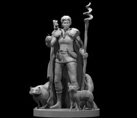 Unpainted grey resin digital render of a human female druid miniature at 32mm scale, standing with a tall twisted staff topped with a spiralling curl, a small owl perched on her raised left fist, wearing a fur-trimmed cape, flanked by a bear cub on the left and a fox on the right, all mounted on a shared sculpted round base