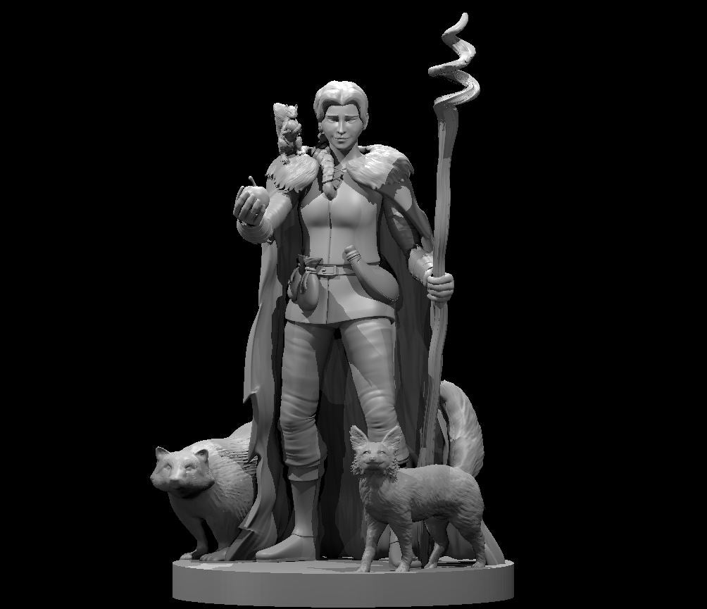 Unpainted grey resin digital render of a human female druid miniature at 32mm scale, standing with a tall twisted staff topped with a spiralling curl, a small owl perched on her raised left fist, wearing a fur-trimmed cape, flanked by a bear cub on the left and a fox on the right, all mounted on a shared sculpted round base