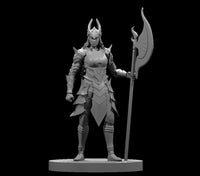 Unpainted grey resin digital render of a human female paladin miniature at 32mm scale. She wears angular layered plate armour with blade-like detailing and a horned helm. She stands in a composed, authoritative pose, holding a tall crescent halberd in her right hand with her left fist clenched at her side. Mounted on a flat round base.