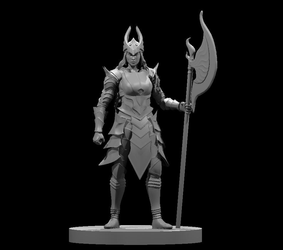 Unpainted grey resin digital render of a human female paladin miniature at 32mm scale. She wears angular layered plate armour with blade-like detailing and a horned helm. She stands in a composed, authoritative pose, holding a tall crescent halberd in her right hand with her left fist clenched at her side. Mounted on a flat round base.