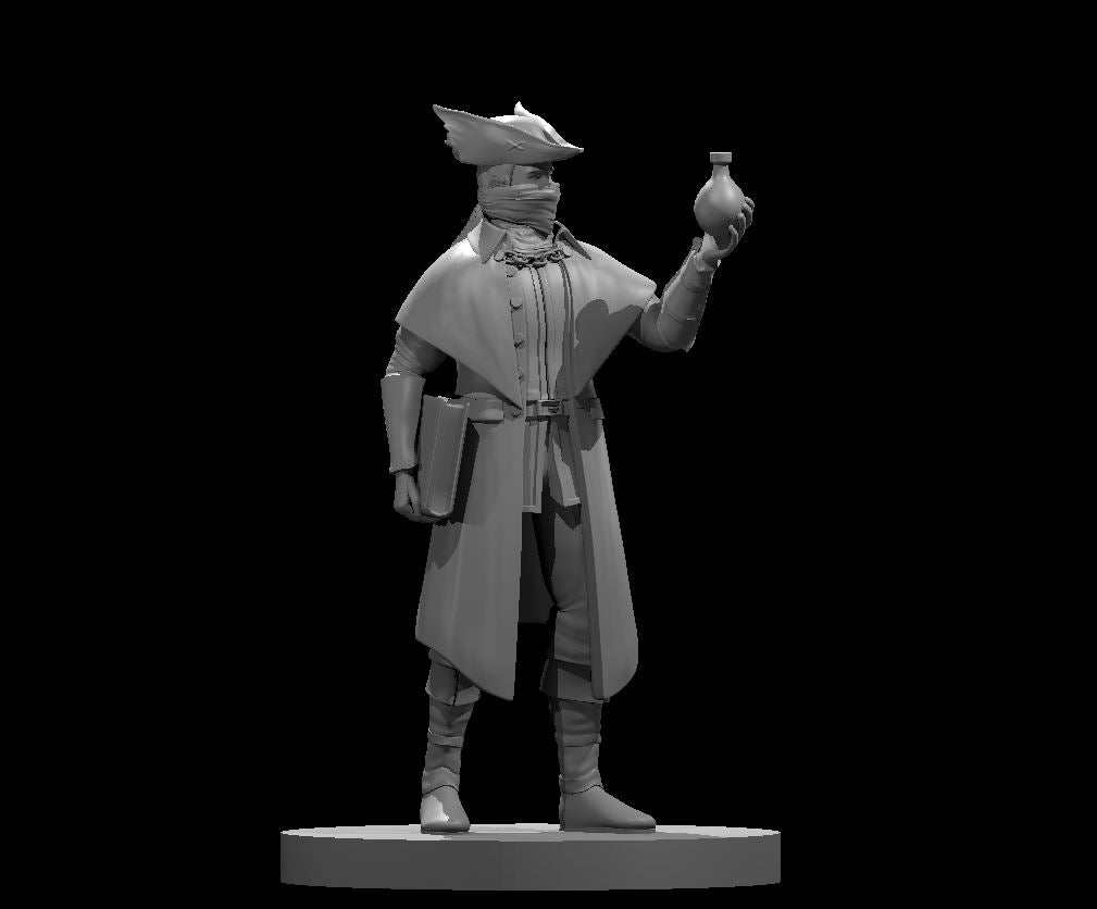 Grey resin digital render of a 32mm human male artificer miniature — masked face, tricorn hat, long coat, holding a potion vial aloft in one hand and a tome under the other arm, mounted on a round base