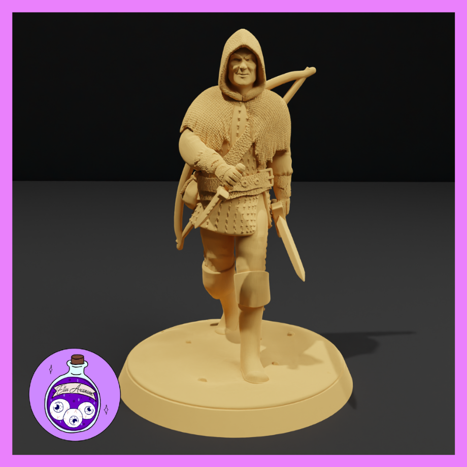 Unpainted cream resin miniature of a hooded human male bandit at 32mm scale — digital render showing chainmail armour, crossbow slung over the shoulder, daggers at the hip, and a confident mid-stride pose on a round base
