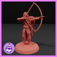 32mm unpainted resin miniature of a hooded male bandit archer in full draw pose, wearing chainmail under a tattered cloak with feathered trim and fraying leggings, longbow extended and arrow aimed forward, on a round integrated base — digital render by Ella's Arcanum Minis