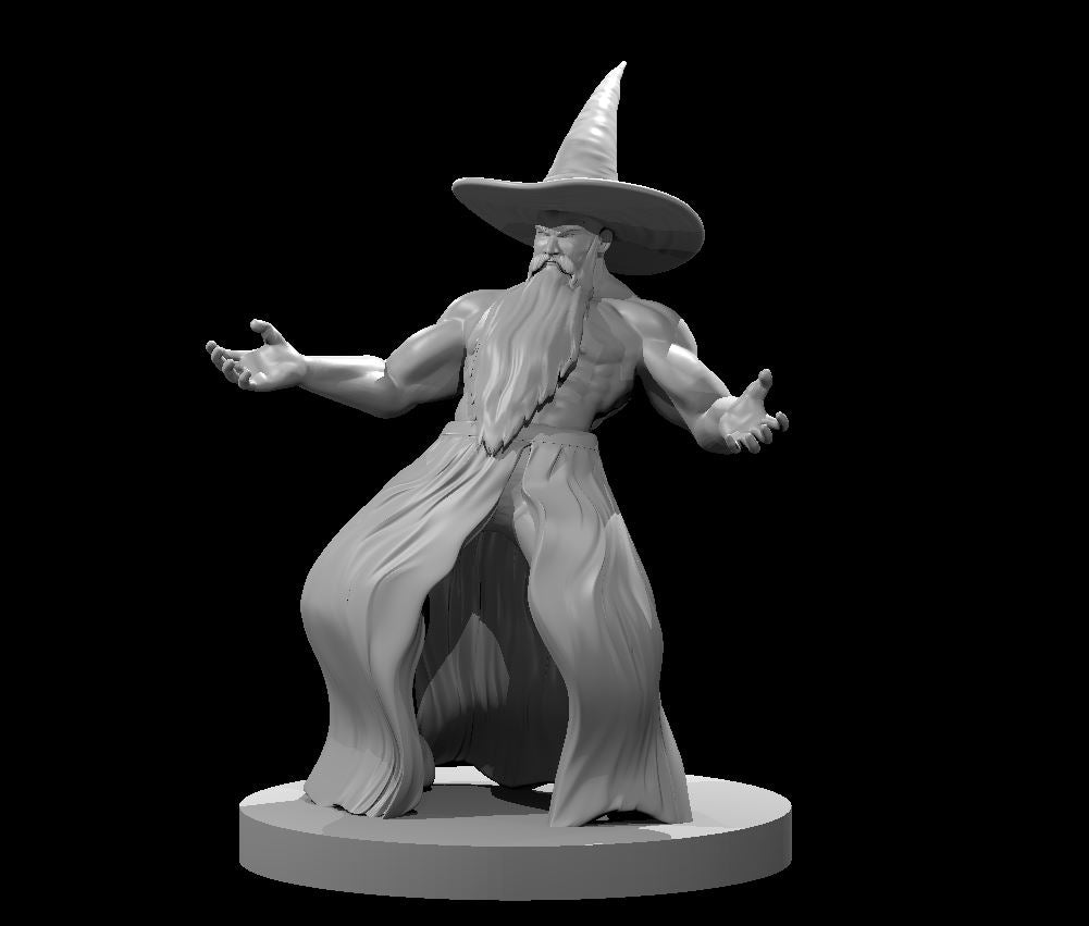 Unpainted grey resin render of the Swole Wizard miniature by MZ4250 — a muscular bare-chested male wizard with a long white beard and wide-brimmed pointed hat, arms spread wide in a spellcasting pose, mounted on a round base at 32mm scale