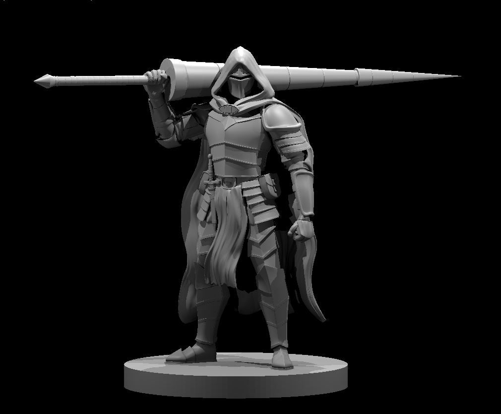 Unpainted grey resin miniature of a hooded human male paladin in segmented plate armour, holding a long lance across one shoulder and a dagger in the other hand, mounted on a round base — 32mm scale D&D miniature by MZ4250
