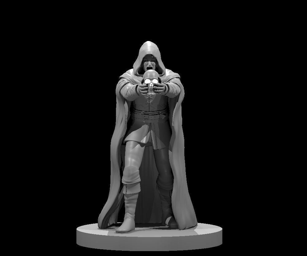Grey resin digital render of a hooded human male warlock miniature at 32mm scale, standing upright in a long flowing cloak with mouth open in incantation, holding a skull focus outward in both hands, mounted on a plain round base