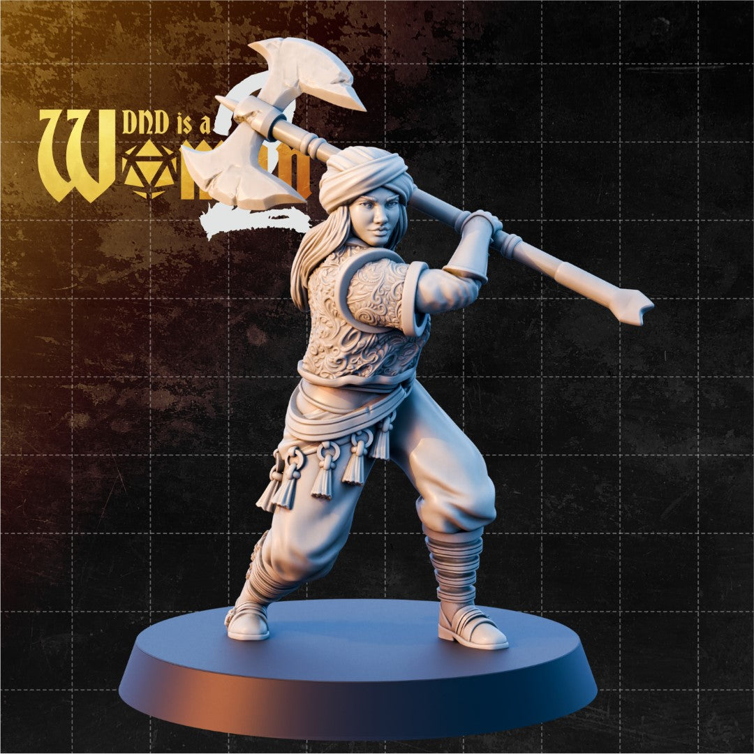 Female human barbarian in a wide combat stance, swinging a large double-headed axe. Wearing ornate scrollwork leather armour, flowing trousers, tasselled belt, and a cloth head wrap. Long hair loose behind her. Sculpt by DnD Is A Woman.