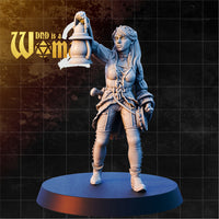 Female human bard standing upright, right arm raised holding a hooded lantern aloft, left hand loosely clenched at her side. Long hair with a single braid, lace-up bodice, layered coat, wide belt, and knee-tucked boots. Sculpt by DnD Is A Woman.