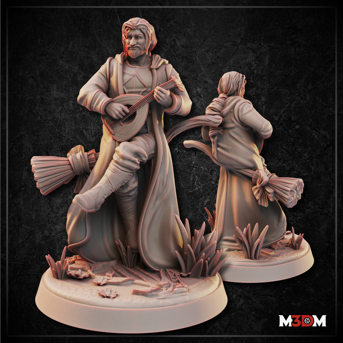 Bearded male human bard playing a lute, one boot raised, wearing a turban, layered cloak and quilted vest, broom bundle at his side; scenic base with grasses and stones. Sculpt by Mia Kay M3DM.