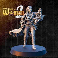 Female human cleric standing upright, raising an ornate flame-wreathed flail overhead in her right hand, long braids falling over armoured shoulders, coat billowing behind. Sculpt by DnD Is A Woman.