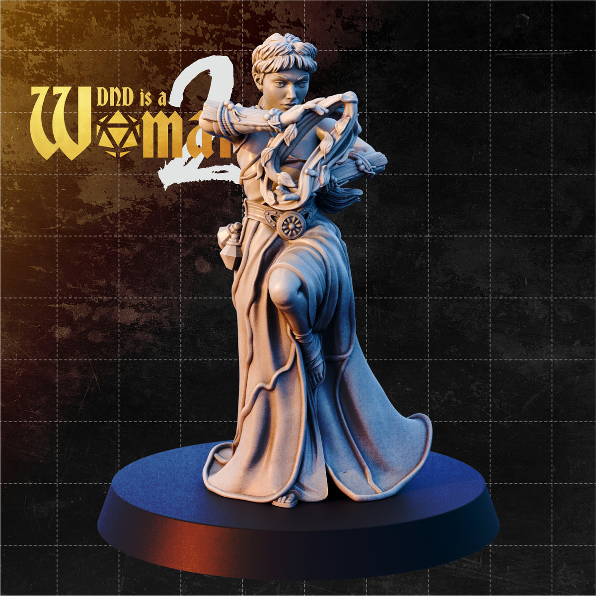 Female human druid striding forward with one knee raised, arms encircled by swirling vines and leaves mid-cast, wearing flowing robes with a circular belt clasp. Sculpt by DnD is a Woman.