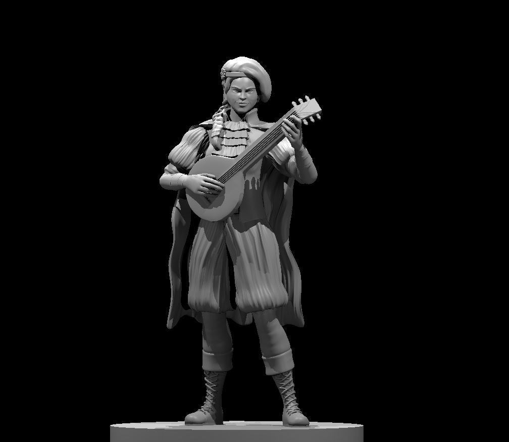 Female human bard standing upright, playing a lute with both hands. Wearing a beret, ruffled collar, puffed sleeves, layered cloak, waistcoat, and lace-up boots. Braided hair, focused expression. Sculpt by MZ4250.