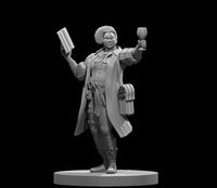 Human female bard standing upright, raising a wine goblet in her right hand and holding an open book in her left. She wears a long coat over a quilted doublet, with tall lace-up boots and an ornate satchel at her hip. Curly hair, warm smiling expression. Sculpt by MZ4250.