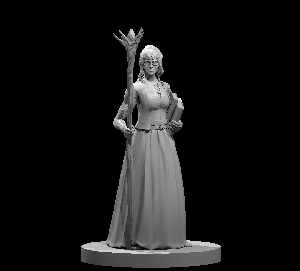 Human female wizard standing upright, holding a tall gnarled branch staff and clutching a thick spellbook. Long skirt, laced bodice, bracers, and round spectacles. Sculpt by MZ4250.