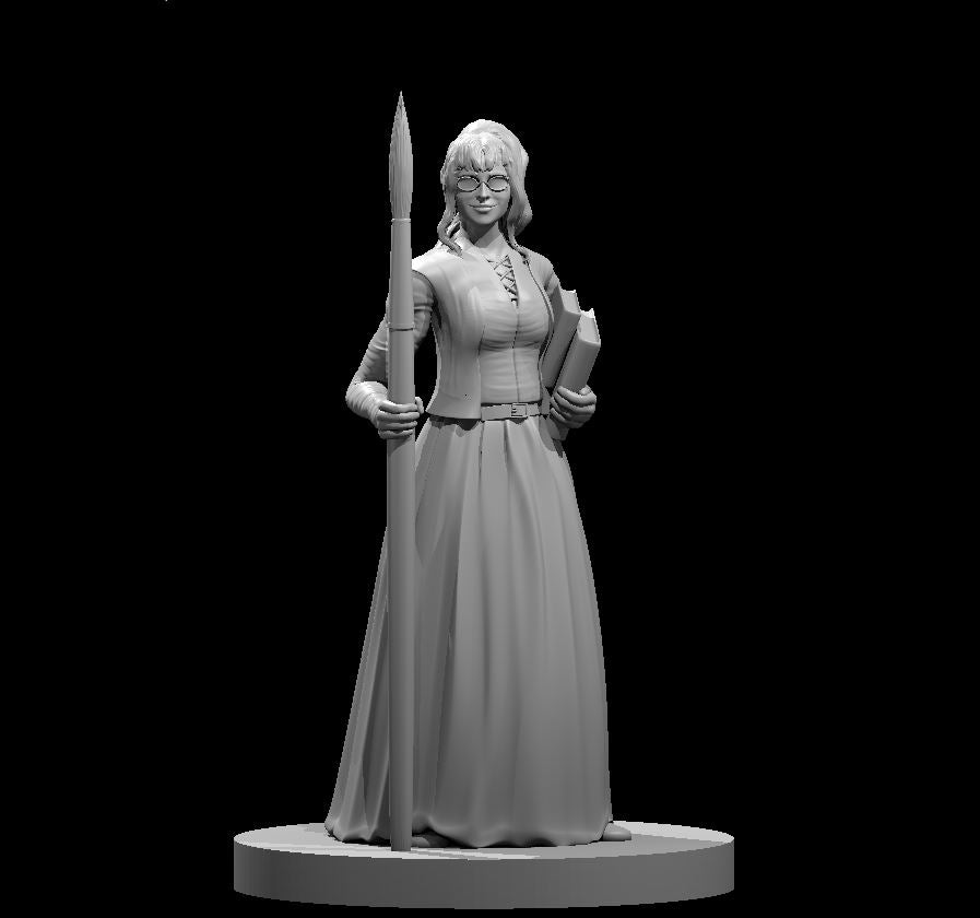 Standing female wizard holding a tall spear-like paintbrush in one hand and a closed book in the other, wearing round spectacles, a belted jacket, and a long flowing skirt. Sculpt by MZ4250.