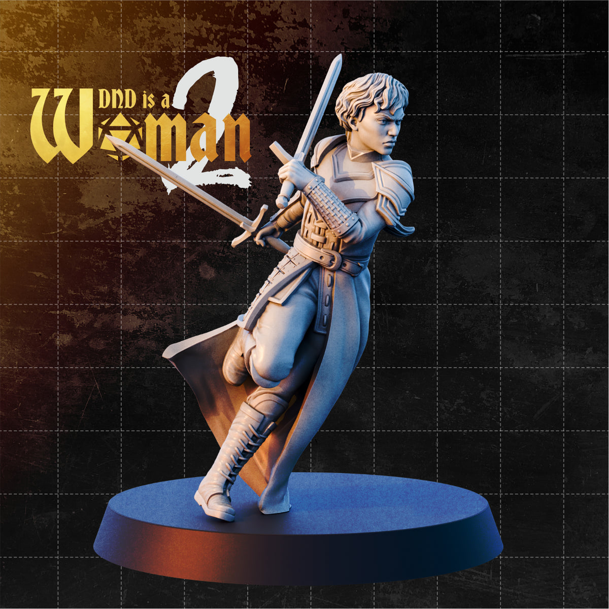 Female human fighter lunging forward mid-stride, raising a longsword overhead with her right hand while her left hand guards with a second blade. Wearing a long coat, layered shoulder armour with geometric engravings, a woven bracer, and laced boots. Hair is short and wavy; expression focused and composed. Sculpt by DnD is a Woman.