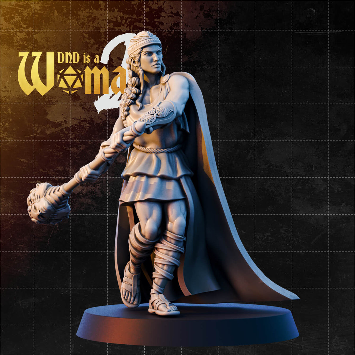 Braided female warrior gripping an ornate beast-headed mace, wearing a layered cloth skirt, knotwork bracer, wrapped greaves, and a sweeping cloak. Sculpt by DnD Is A Woman.