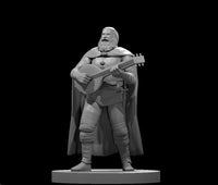 Stocky bearded human male standing upright, playing a lute, wearing a flowing cape and belted tunic, head tilted back mid-song. Sculpt by MZ4250.