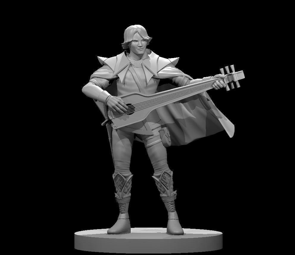 Human male bard standing upright, playing a wide-bodied lute with a long neck. Light armour with spiked pauldrons, flowing cape, diamond-detailed knee-high boots. Sculpt by MZ4250.