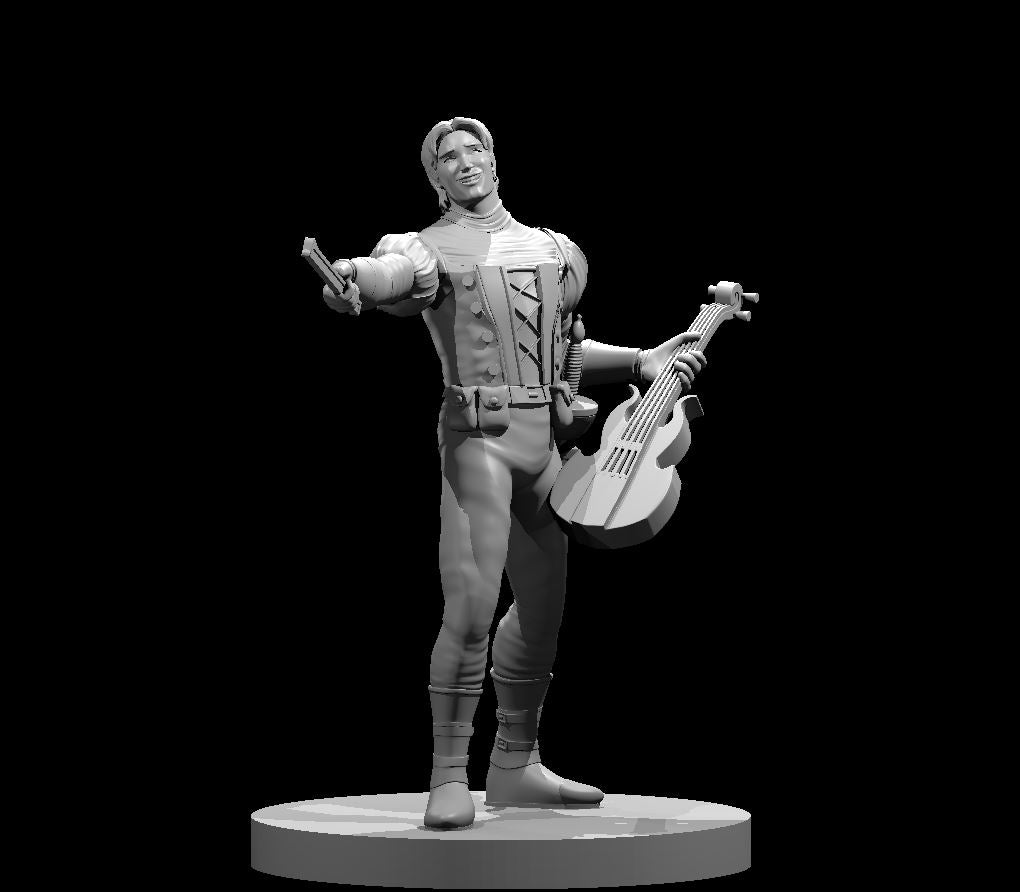 Human male bard standing with a lute held at his side, right hand extended holding a small prop, head tilted upward with a broad grin. Fitted lace-front doublet, close trousers, low boots. Sculpt by MZ4250.