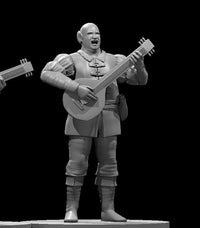 Bald, broad-shouldered human bard standing upright, strumming a lute with both hands, mouth open in song. Wearing a tunic, breeches, and tall boots, with a pendant at his chest. Sculpt by MZ4250.