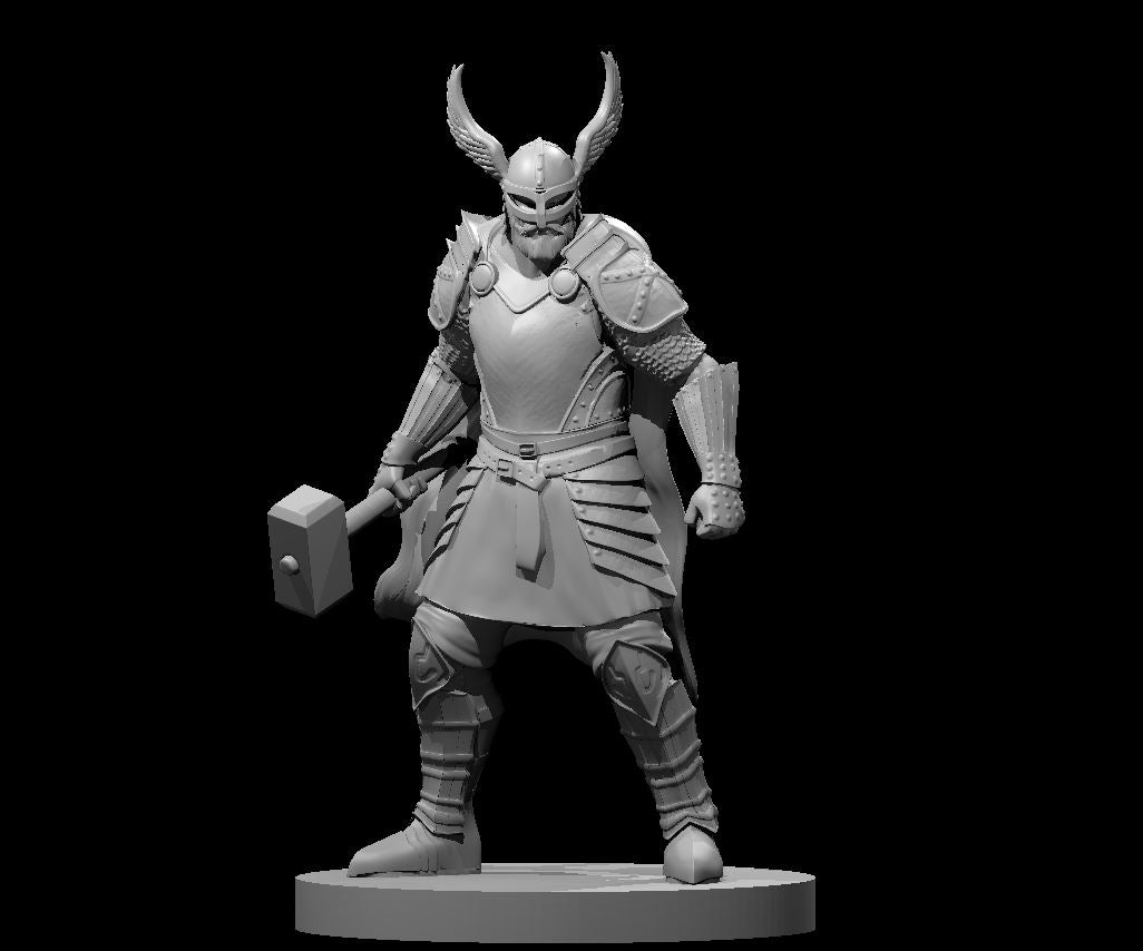 Broad-shouldered human male paladin in layered plate and scale armour, holding a warhammer at his side. Winged horned helm, moustached face, belted skirt. Sculpt by MZ4250.