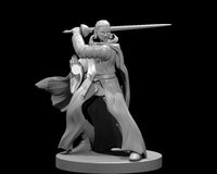 Male human bladesinger in mid-strike pose, longsword raised overhead in one hand, opposite palm extended forward. Long belted robes and a billowing cloak. Sculpt by MZ4250.