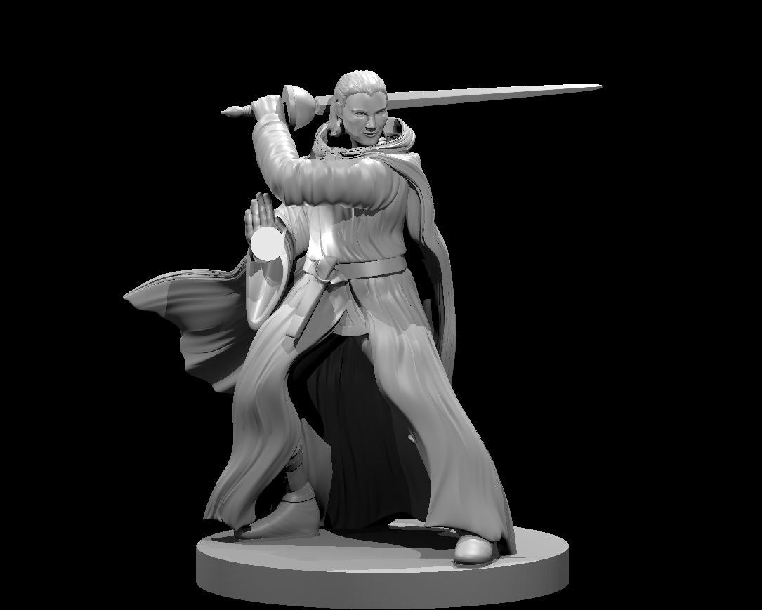 Male human bladesinger in mid-strike pose, longsword raised overhead in one hand, opposite palm extended forward. Long belted robes and a billowing cloak. Sculpt by MZ4250.
