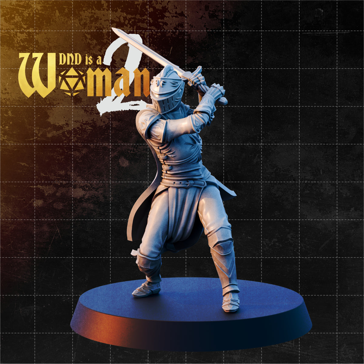 Armoured female knight mid-swing, raising a longsword two-handed overhead, wearing full plate with visored helm and belted surcoat. Sculpt by DnD Is A Woman.