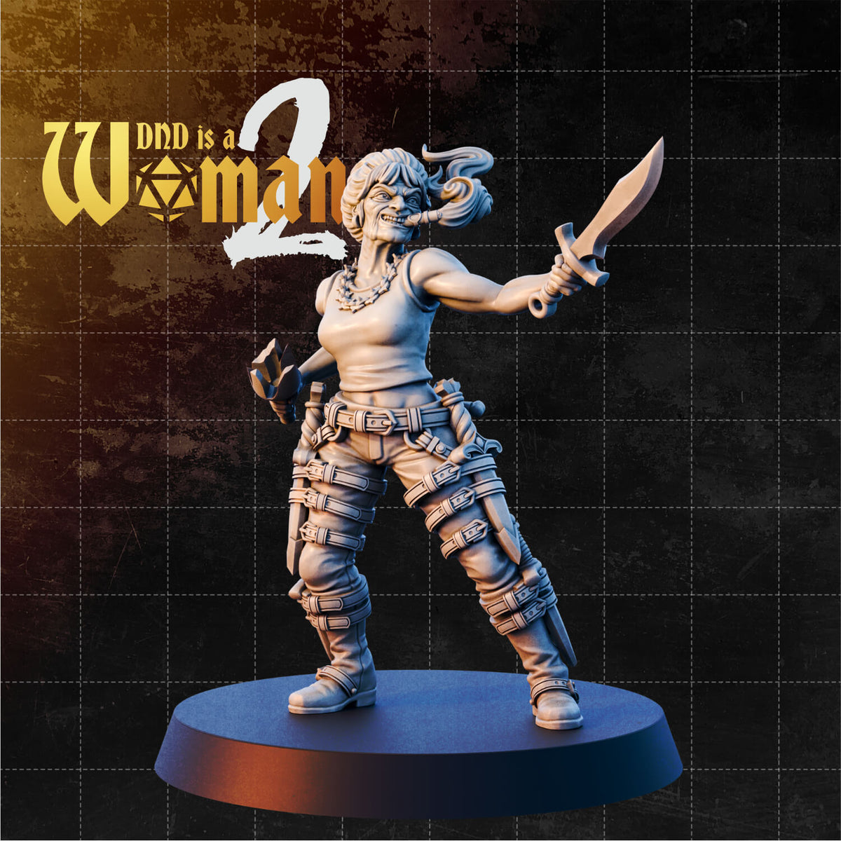 Horn-adorned female rogue brandishing a short blade in her raised right hand, wearing a sleeveless top, bead necklace, and legs covered in layered belts and pouches. Wide grinning expression. Sculpt by DnD Is A Woman.