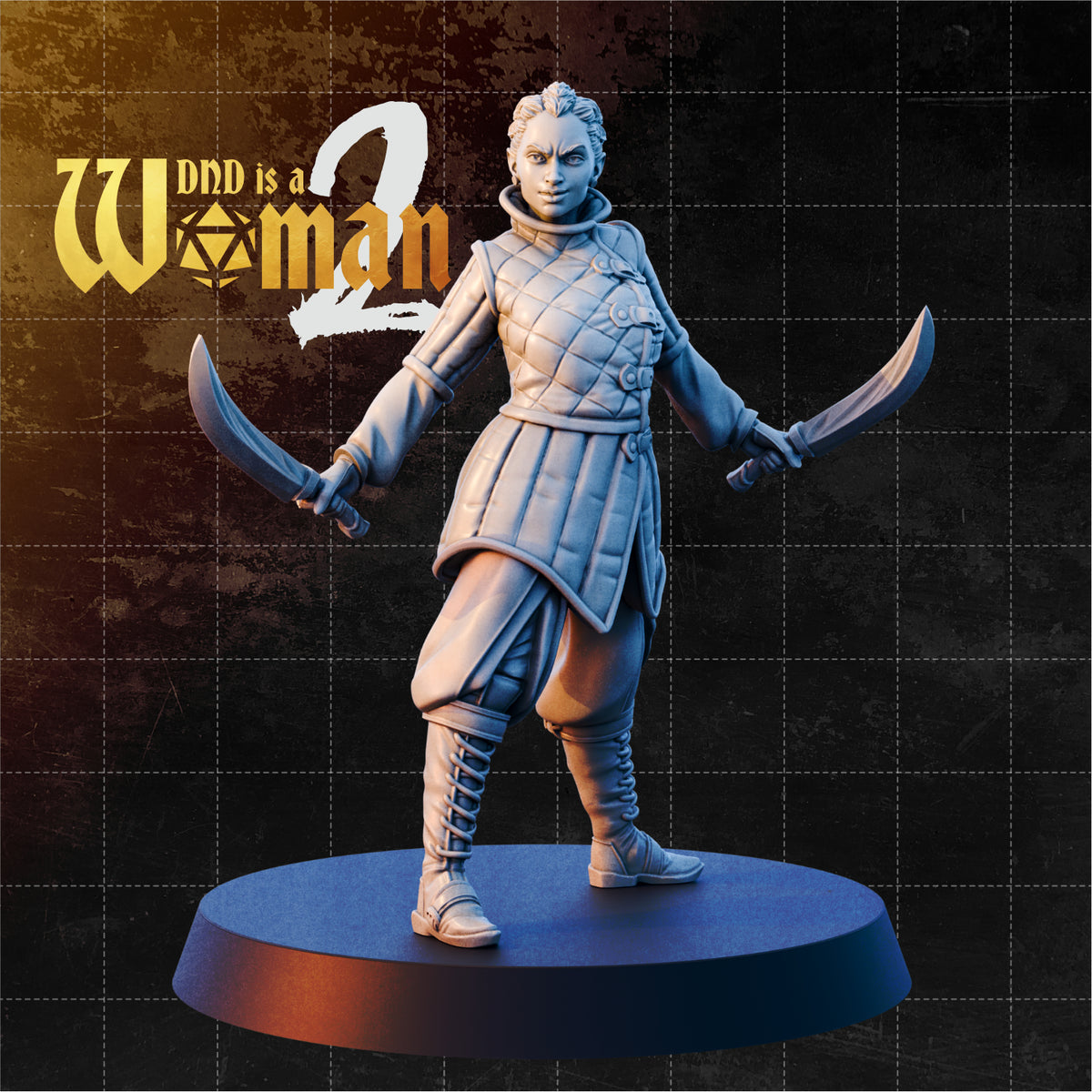 Female human rogue standing with two scimitars held low and outward, wearing a quilted diamond-pattern gambeson, wide-leg trousers and laced leather boots. Sculpt by DnD Is A Woman.