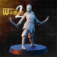 Female human rogue standing with two scimitars held low and outward, wearing a quilted diamond-pattern gambeson, wide-leg trousers and laced leather boots. Sculpt by DnD Is A Woman.
