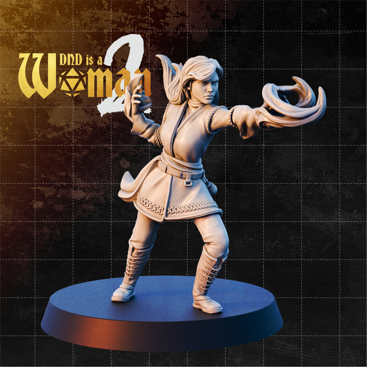 Female human sorcerer in a wide combat stance, one arm extended forward with coiling arcane energy spiralling from her hand, the other drawn back near her chest. Belted tunic with chain-link trim, lace-up boots, long hair swept back. Sculpt by DnD Is A Woman.
