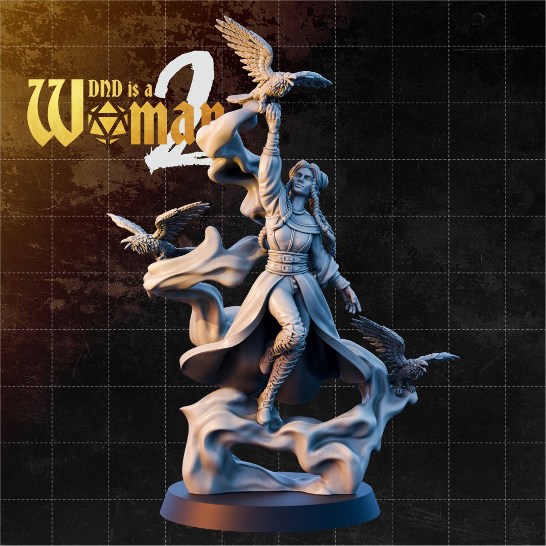 Female warlock with long braided hair raising one arm aloft, a large raven landing on her outstretched hand, two more ravens in flight around her, wearing a belted travelling coat billowing outward over laced boots, standing on a swirling wind-effect base. Sculpt by DnD Is A Woman.