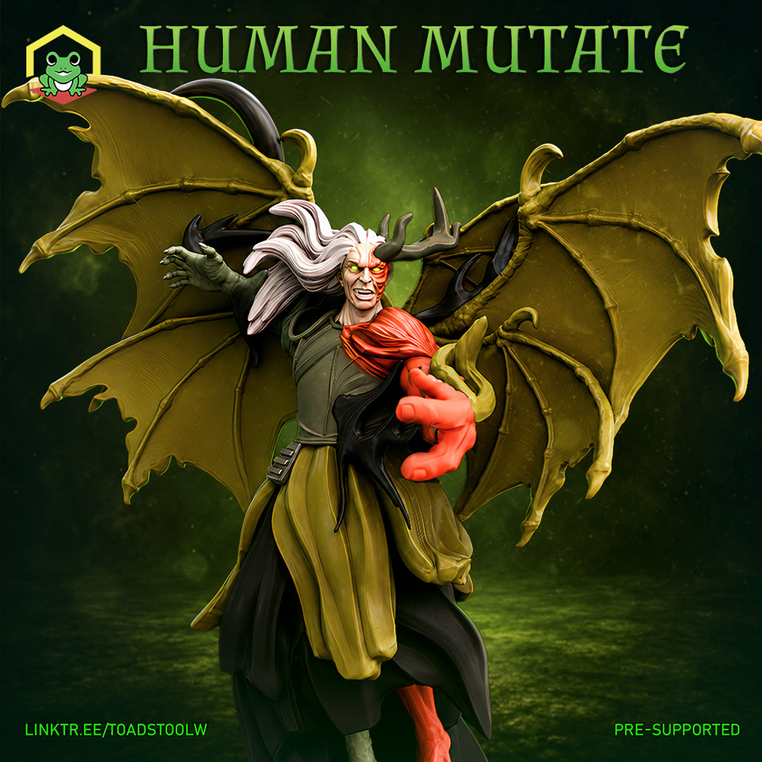 Winged male human mutate miniature lunging forward, one grossly enlarged red-fleshed hand outstretched, the other clawed hand splayed wide. Long white hair flows behind him. Small antlers rise from his brow above glowing eyes in a snarling face. Broad leathery bat-like wings spread wide behind him. Robes and a red sash remain from his former life. Sculpt by The Toadstool Weaver.
