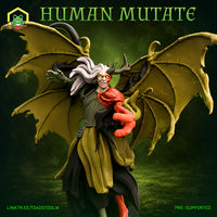 Winged male human mutate miniature lunging forward, one grossly enlarged red-fleshed hand outstretched, the other clawed hand splayed wide. Long white hair flows behind him. Small antlers rise from his brow above glowing eyes in a snarling face. Broad leathery bat-like wings spread wide behind him. Robes and a red sash remain from his former life. Sculpt by The Toadstool Weaver.