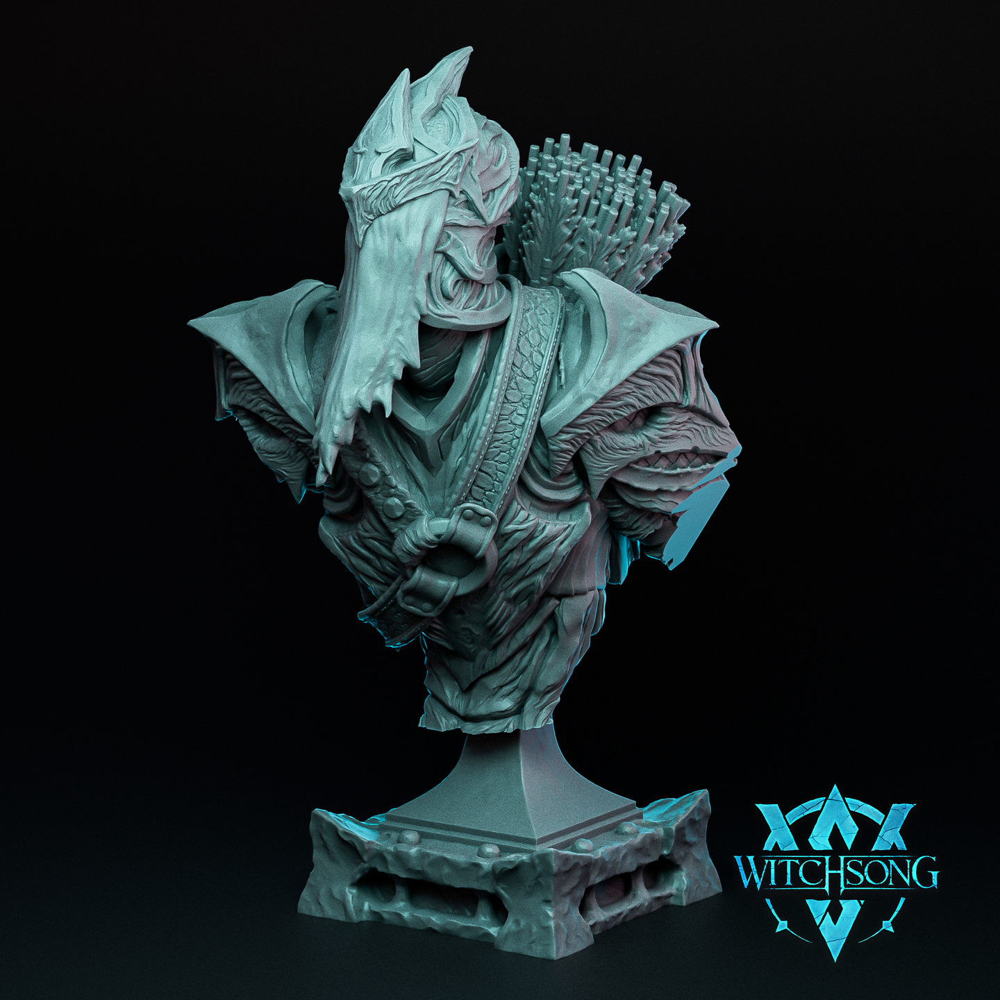 Digital render of an unpainted grey resin hunter bust by Witchsong Miniatures, showing a scarred male figure wearing a cracked beast-skull helm with swept-back ears, layered scale and leather armour, a full quiver of arrows over one shoulder, and a detailed stone plinth base. The Witchsong Miniatures logo is visible in the lower right corner.