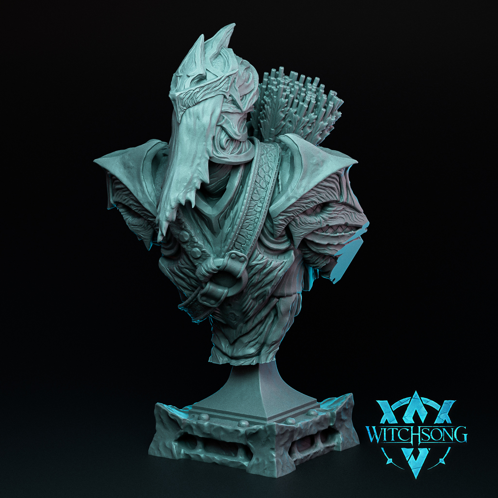Digital render of an unpainted grey resin hunter bust by Witchsong Miniatures, showing a scarred male figure wearing a cracked beast-skull helm with swept-back ears, layered scale and leather armour, a full quiver of arrows over one shoulder, and a detailed stone plinth base. The Witchsong Miniatures logo is visible in the lower right corner.