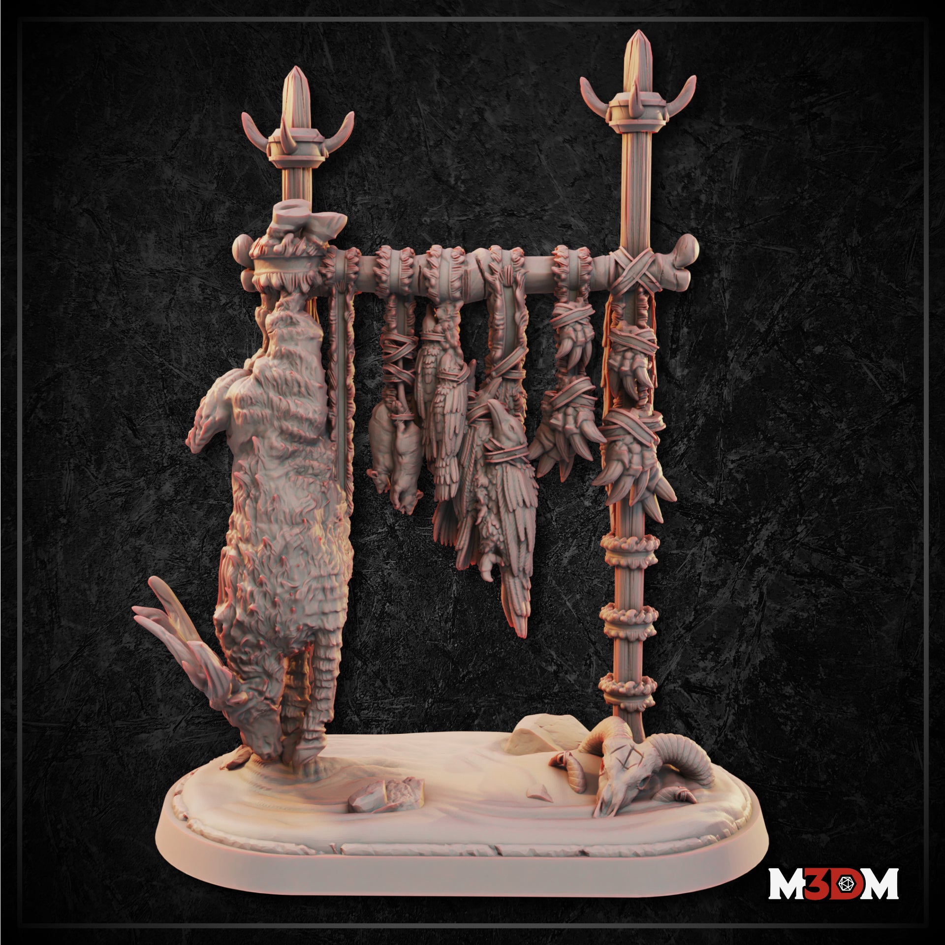 Resin render of the Hunting Game Hanger by Mia Kay M3DM — two lashed poles supporting a horizontal bar hung with a large furred carcass, bound birds, and a horned skull on the oval base below.